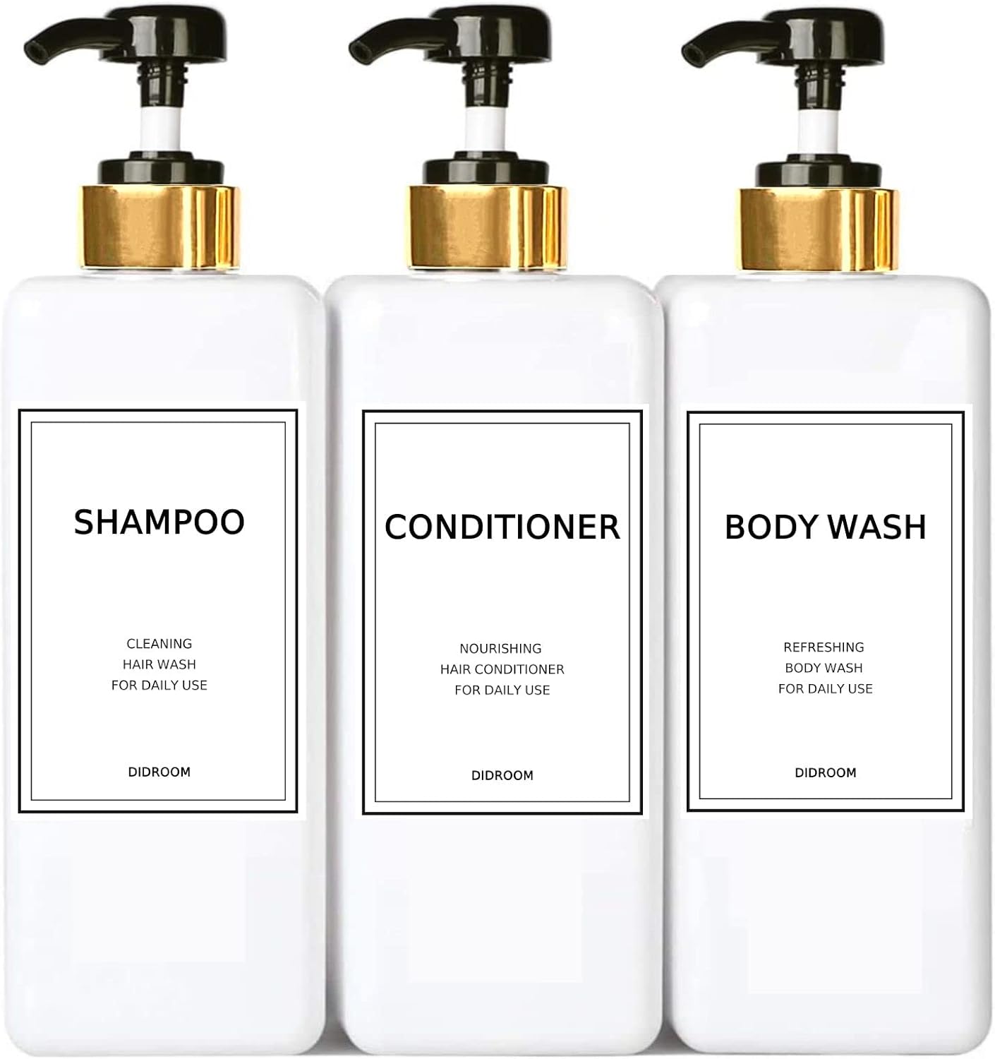 Modern Gold Shampoo and Conditioner Dispenser (21 oz, Pack of 3) Refillable Pump Bottle Set Empty Shower Plastic Bottles with Pump for Bathroom Body Wash Soap and Shower, 3 Types Waterproof Labels-0