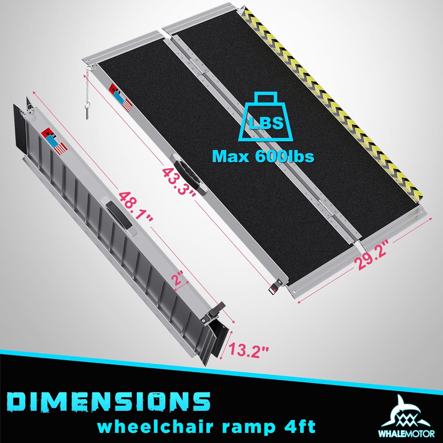 Portable Wheelchair Ramp 4FT, Anti-Slip Aluminum Folding Portable Ramp, Wheelchair Ramps for Home, Weight Capacity Up to 600 LBS, with Transition Plates Above and Below-2