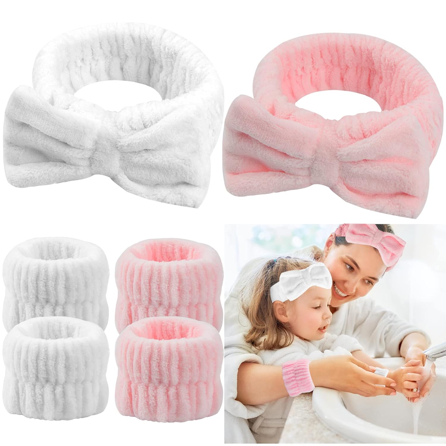 Wrist Towels for Washing Face, Spa Face Wash Headband and Wristband Set Microfiber Wrist Scrunchies Highly Absorbent Washband (6 PCS)-0