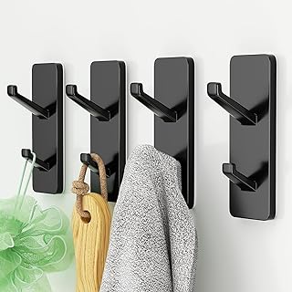 Self Adhesive Wall Hooks for Hanging: Stick-On Hooks Hold 13 LB, Black Coat Hook,Towel Hooks For Bathrooms,Shower Hooks for Wall,Door Hooks Hanging Towel, Kitchen Hook,Metal hooks for hanging,4 Pack