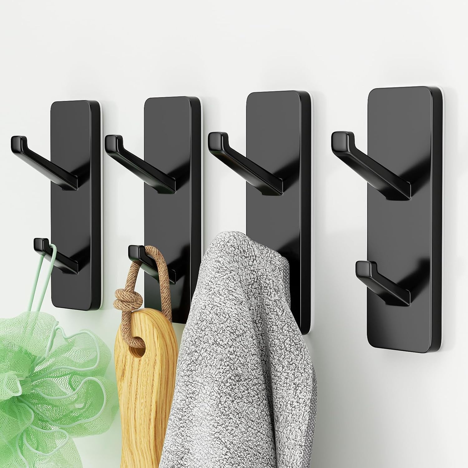 Self Adhesive Wall Hooks for Hanging: Stick-On Hooks Hold 13 LB, Black Coat Hook,Towel Hooks For Bathrooms,Shower Hooks for Wall,Door Hooks Hanging Towel, Kitchen Hook,Metal hooks for hanging,4 Pack-0