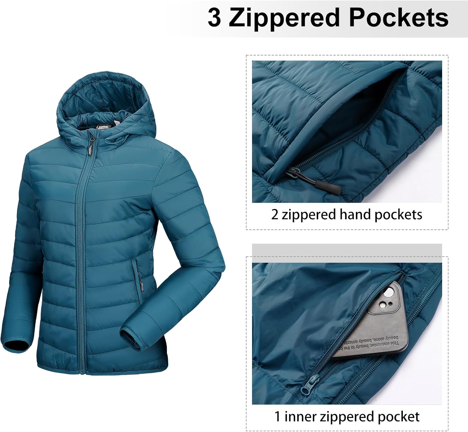 Outdoor Ventures Women's Packable Lightweight Full-Zip Puffer Jacket with Hood Quilted Winter Coat-2