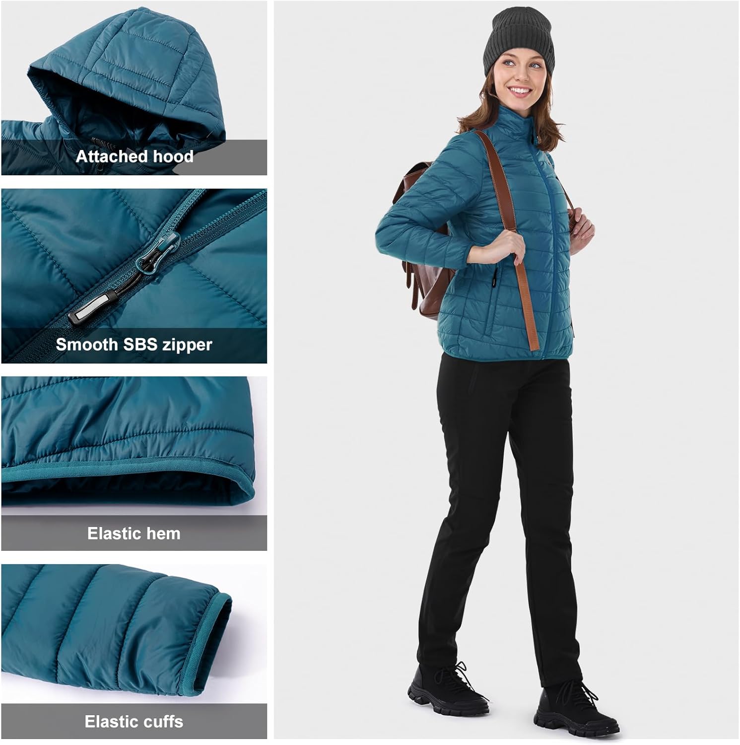 Outdoor Ventures Women's Packable Lightweight Full-Zip Puffer Jacket with Hood Quilted Winter Coat-4