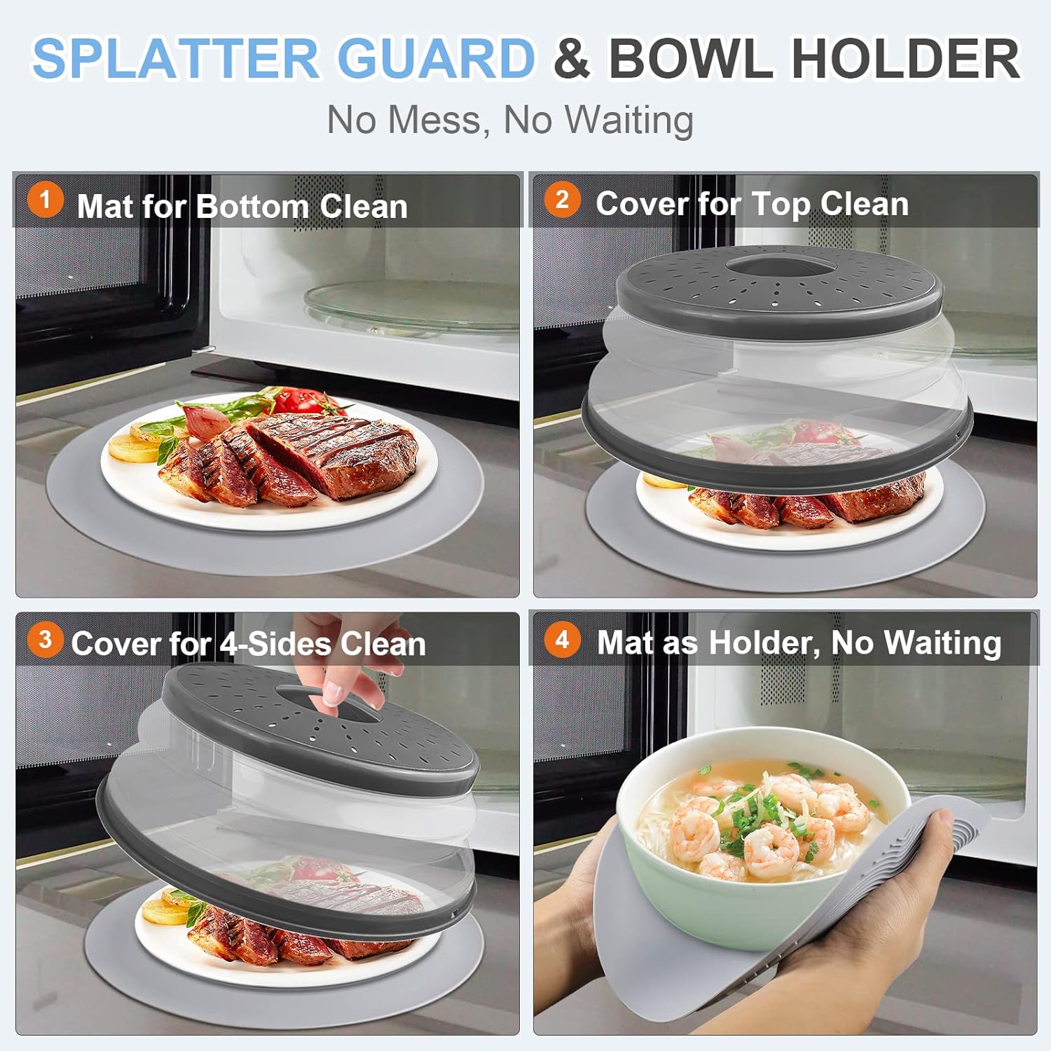 10 Inch Microwave Food Cover & Collapsible Silicone Mat - Splatter Guard, Plate Holder & Kitchen Colander for Meal Prep, Charcoal-2