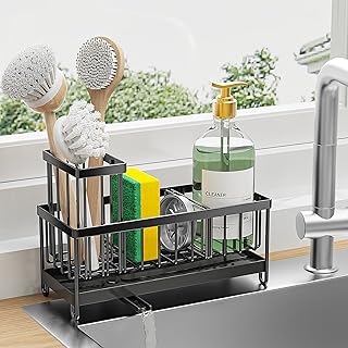 Cisily Sponge Holder for Kitchen Sink, Sink Caddy with High Brush Holder, Kitchen Sink Organizer Countertop Rustproof 304 Stainless Steel, Soap Dispenser Kitchen Organizers and Storage Essentials