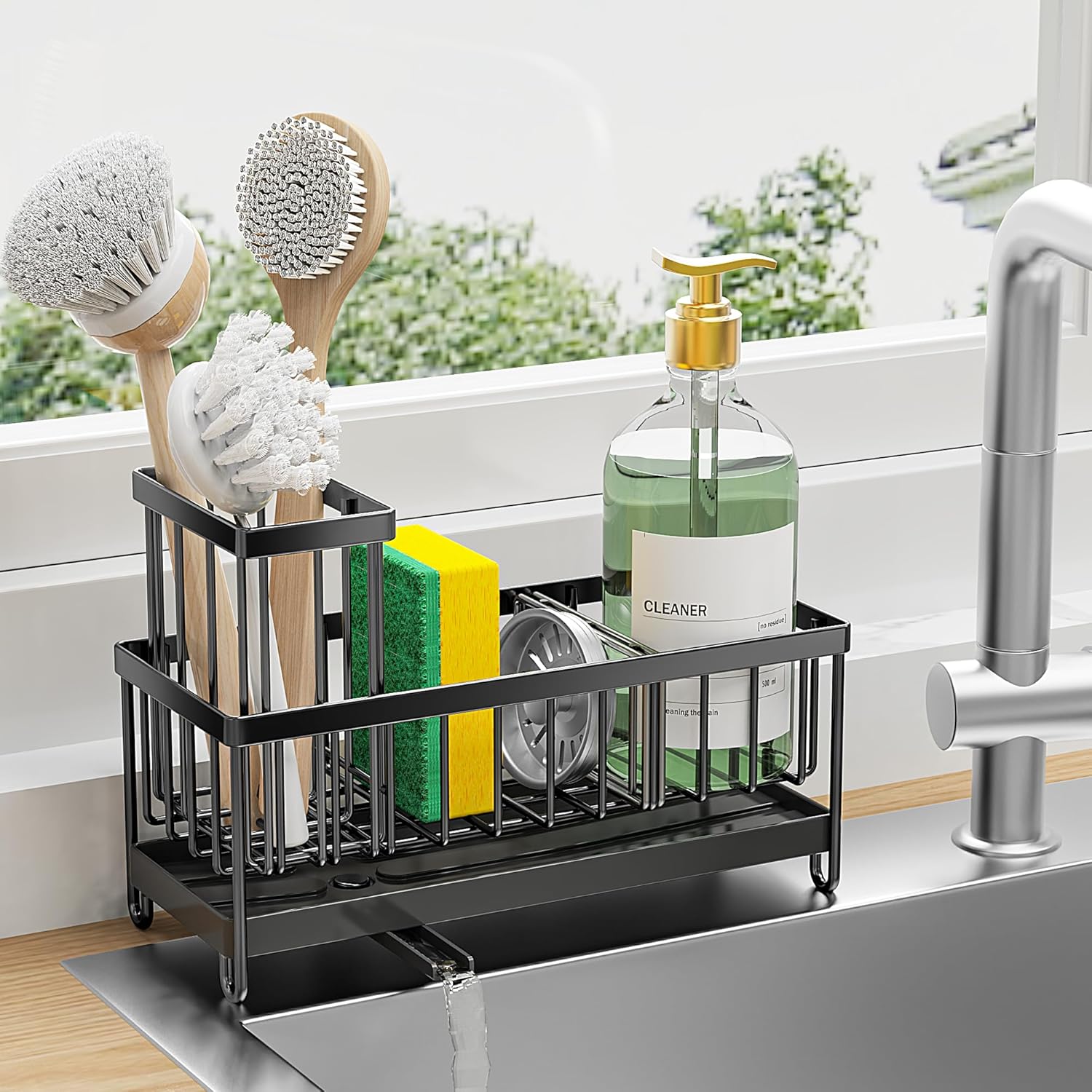 Cisily Sponge Holder for Kitchen Sink, Sink Caddy with High Brush Holder, Kitchen Sink Organizer Countertop Rustproof 304 Stainless Steel, Soap Dispenser Kitchen Organizers and Storage Essentials-0