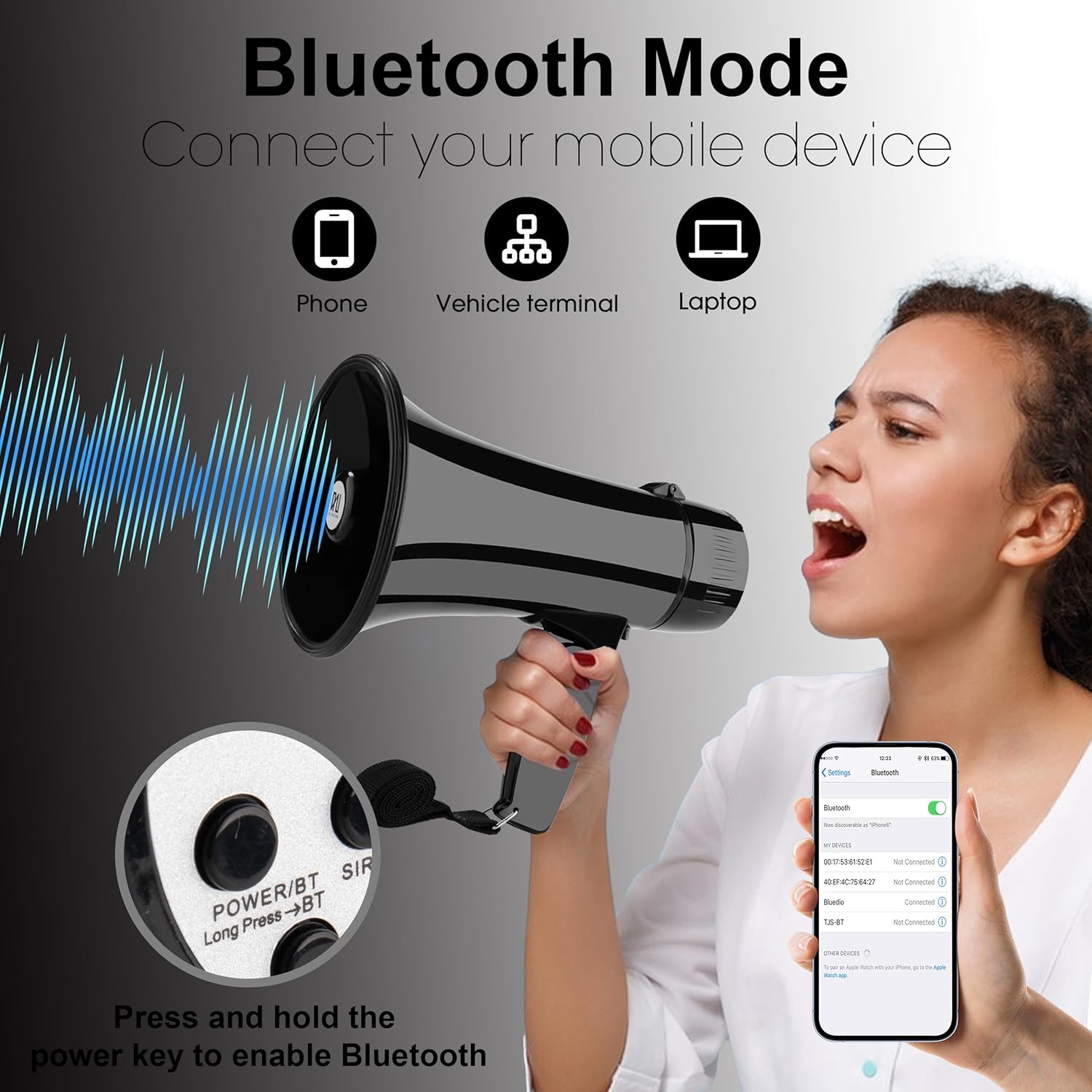 20W Megaphone Bullhorn| Bull Horn Loud Speaker with Bluetooth | Mega Phone Built-in Siren & Whistle Plus Recording funcation | Voice Changer for Adults, Kids, Party Games and Outdoor-4