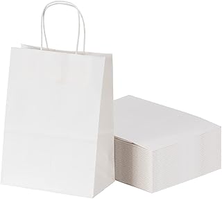 RACETOP White Paper Bags with Handles Bulk 8"x4.5"x10.8" 100Pcs Gift Bags Medium Size,White Gift Bags with Handles,Gift Bags Bulk,Retail Bags,Party Bags,Shopping Bags