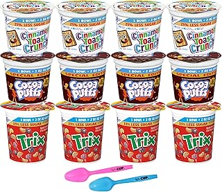 General Mills 25% Less Sugar Cereal Variety, 2 oz Cups (Pack of 12), Cocoa Puffs, Cinnamon Toast Crunch, Trix with By The Cup Mood Spoons