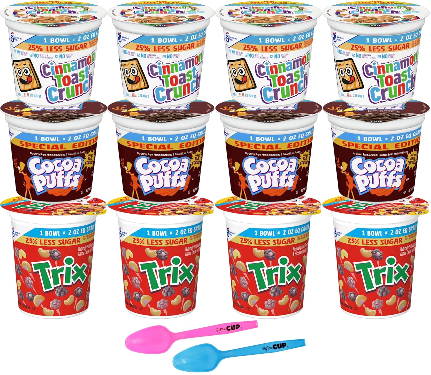 General Mills 25% Less Sugar Cereal Variety, 2 oz Cups (Pack of 12), Cocoa Puffs, Cinnamon Toast Crunch, Trix with By The Cup Mood Spoons-0