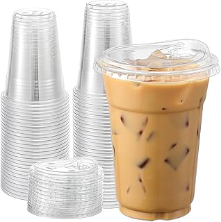 AOZITA 100 Sets, 16 oz Crystal Clear Plastic Cups With Sip Lids, Disposable Cups With Sip Through Lids for Iced Coffee, Smoothie, Milkshake, Cold Drinks