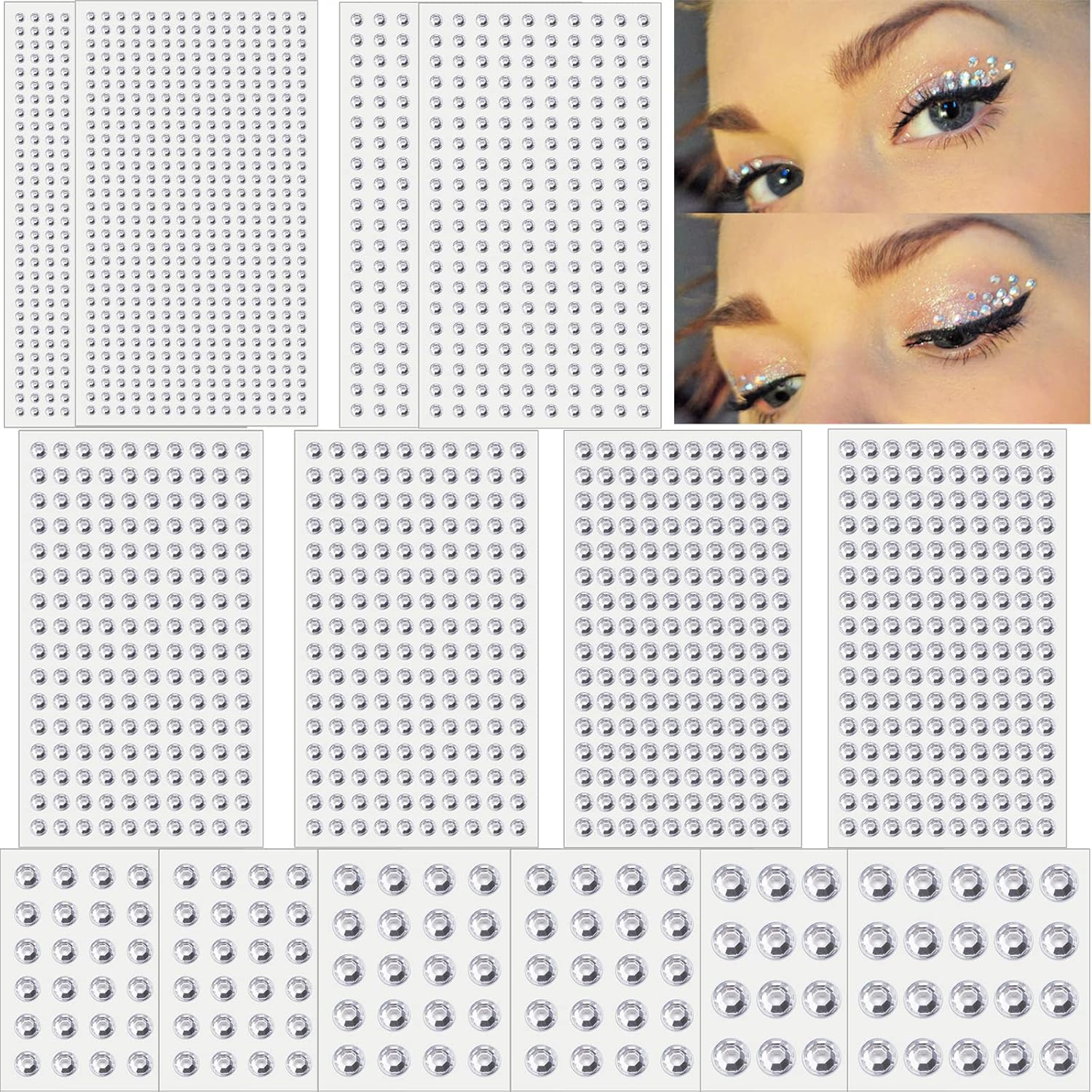 2102pcs Face Gems Stick on, Self Adhesive Hair Jewels Face Rhinestones Stickers Bling Jewels for for Face Hair Nails Makeup Clothes Shoes Bags DIY Craft, 7 Size 14 Sheets (White)-0