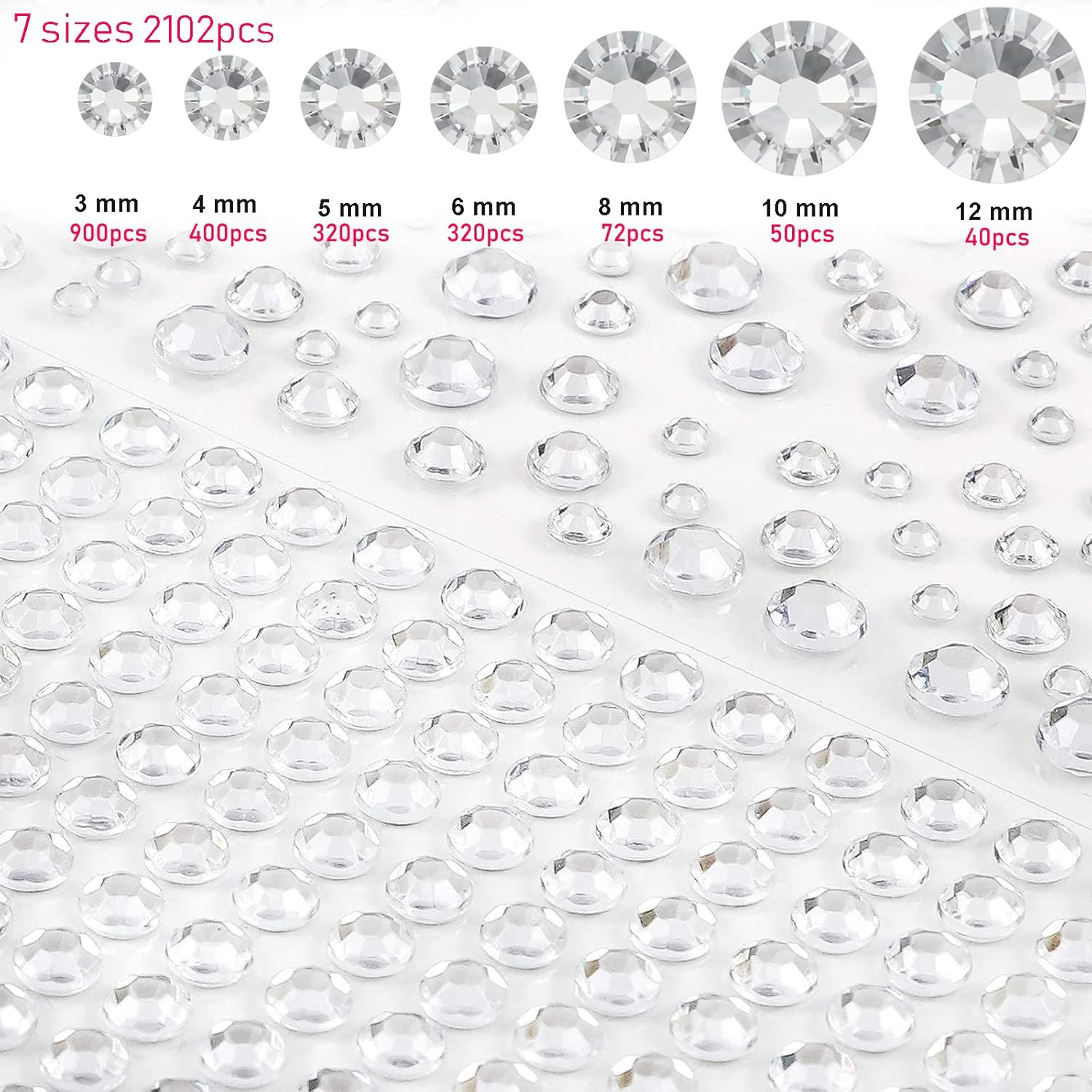 2102pcs Face Gems Stick on, Self Adhesive Hair Jewels Face Rhinestones Stickers Bling Jewels for for Face Hair Nails Makeup Clothes Shoes Bags DIY Craft, 7 Size 14 Sheets (White)-1