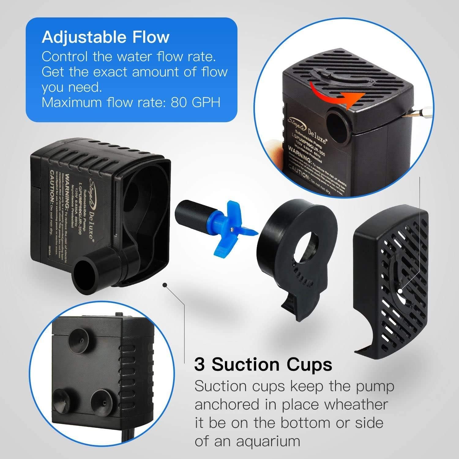 Simple Deluxe 80GPH Submersible Water Pump (300L/H 4W) with 6ft Cord and 2 Threaded Nozzles for Fountains, Ponds, Aquariums and Hydroponics, 1 Pack, Black-1