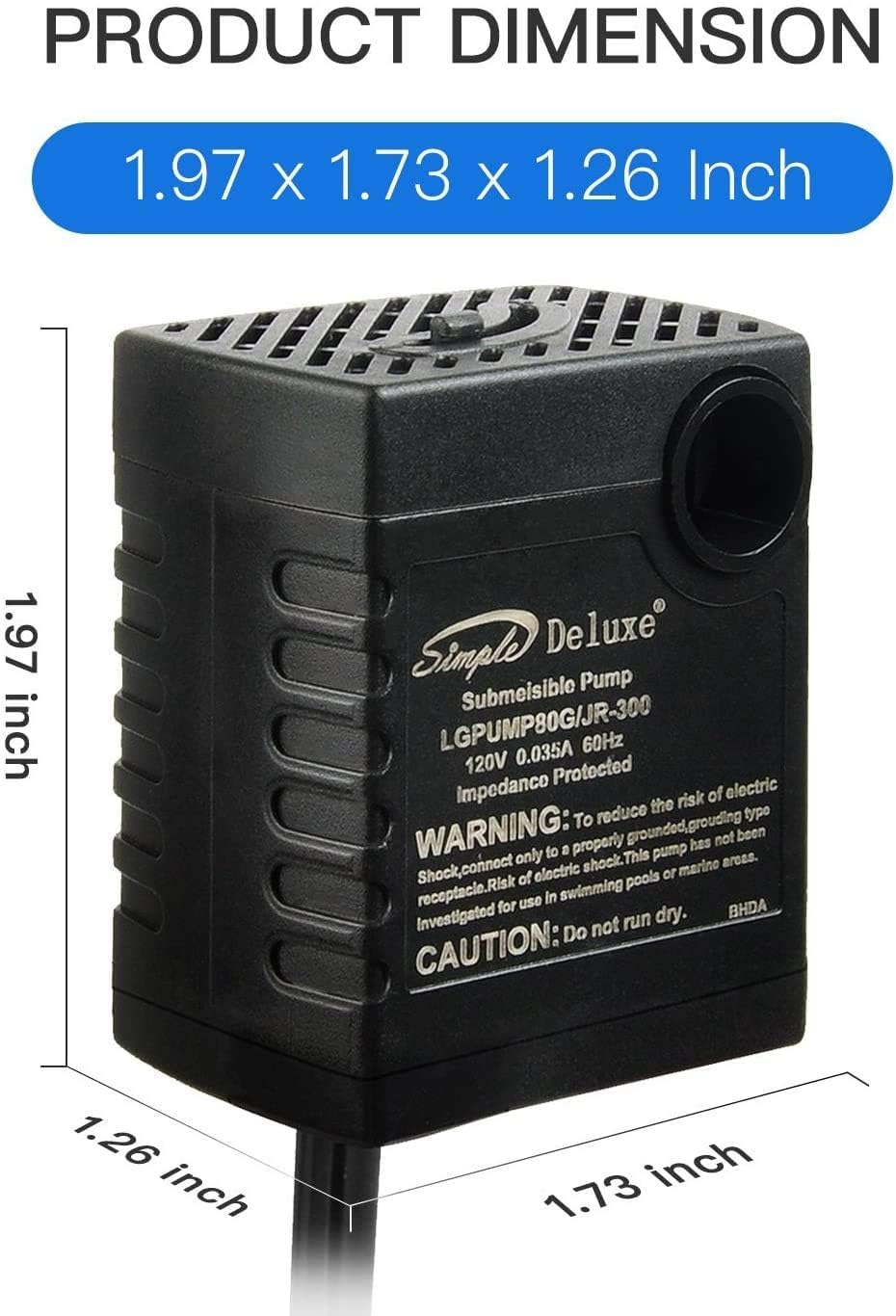 Simple Deluxe 80GPH Submersible Water Pump (300L/H 4W) with 6ft Cord and 2 Threaded Nozzles for Fountains, Ponds, Aquariums and Hydroponics, 1 Pack, Black-5