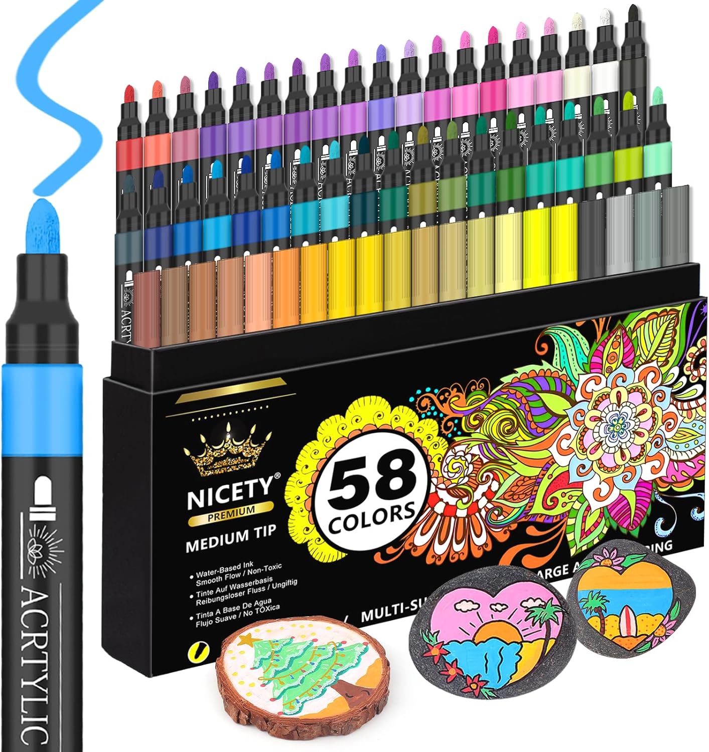 NICETY 58 Colors Acrylic Paint Pens Paint Markers, 3mm Medium Tip Point Acrylic Paint Pens for Rock Painting, Canvas, Wood, Ceramic, Glass, Stone, Fabric, DIY Crafts & Art Supplies-0