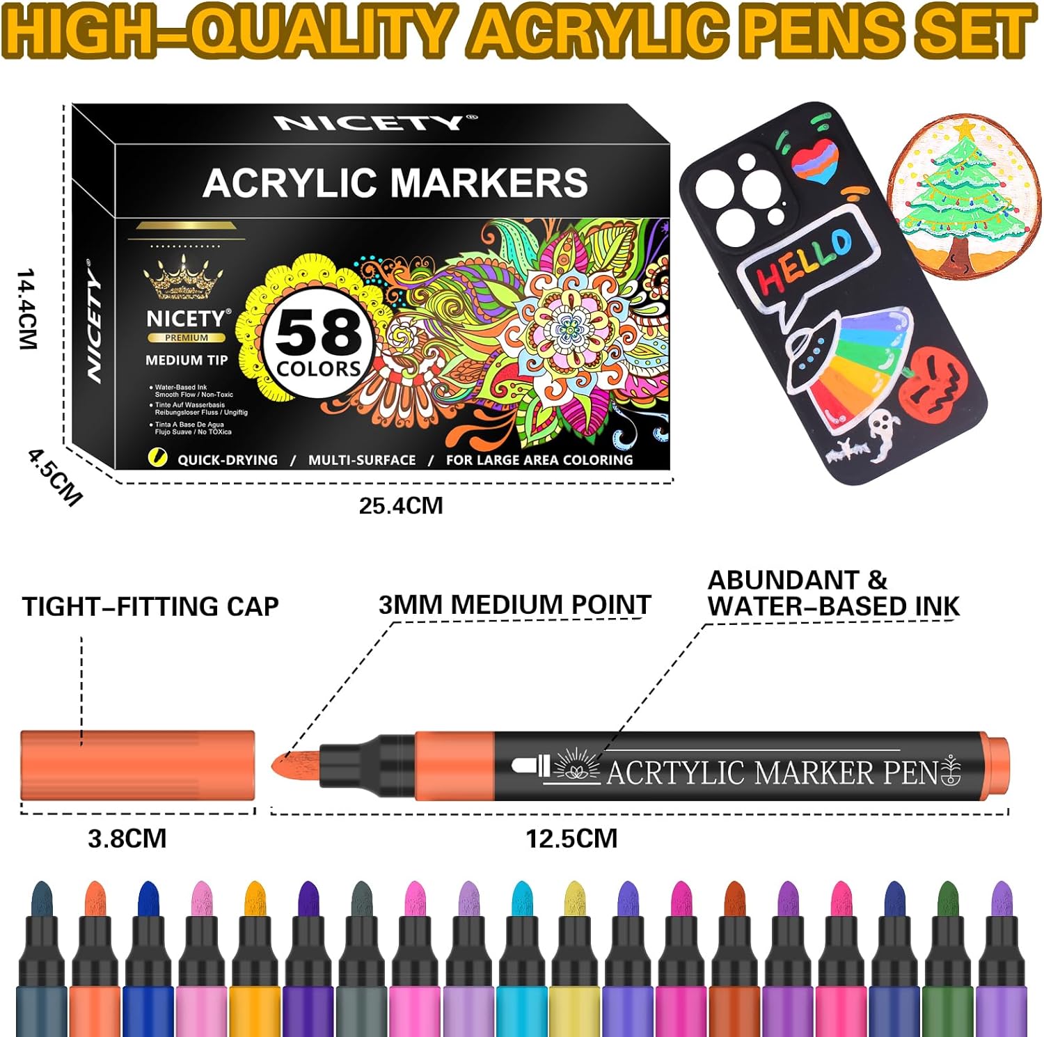 NICETY 58 Colors Acrylic Paint Pens Paint Markers, 3mm Medium Tip Point Acrylic Paint Pens for Rock Painting, Canvas, Wood, Ceramic, Glass, Stone, Fabric, DIY Crafts & Art Supplies-5