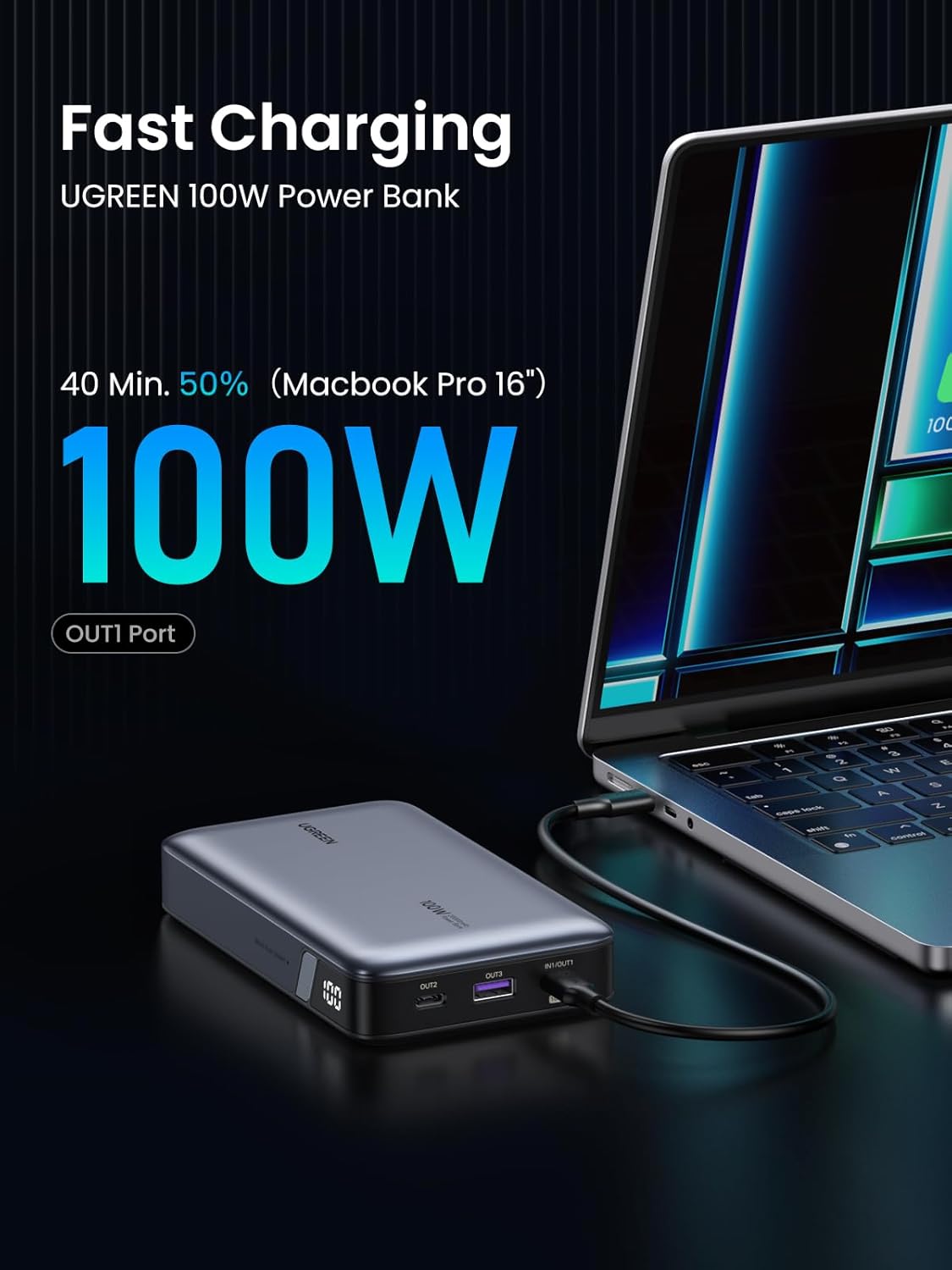 UGREEN 20000mAh 100W Power Bank, Nexode Portable Charger USB C 3-Port PD Fast Charging Battery Pack Digital Display for MacBook, iPad, iPhone 16, Galaxy S24 Ultra, Steam Deck, Dell XPS and More-1