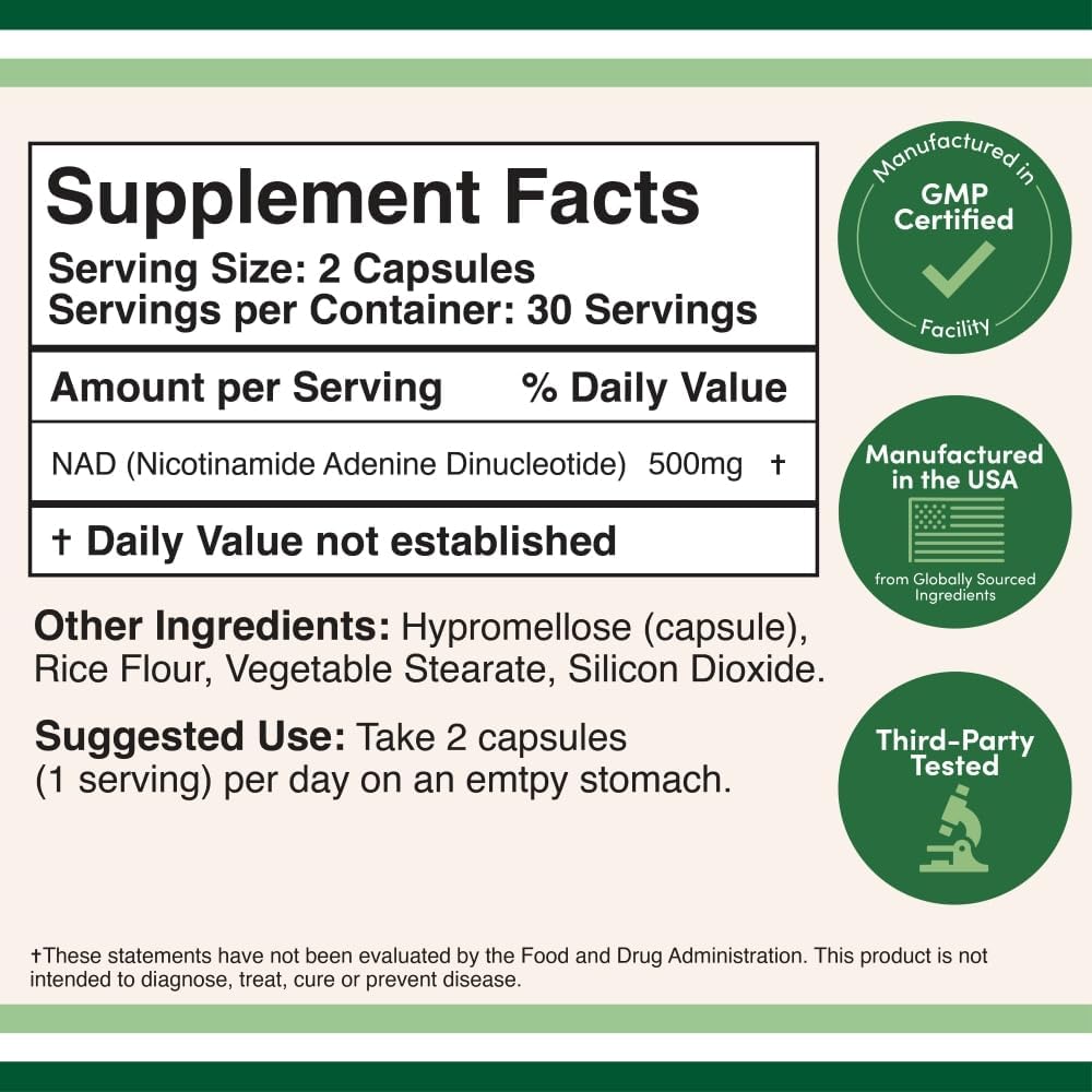 NAD Supplement (500mg of 95% Pure NAD+ Per Serving, 30 Day Supply) NAD Booster Similar to Nicotinamide Riboside (Third Party Tested, Vegan Safe, Non-GMO) by Double Wood-1