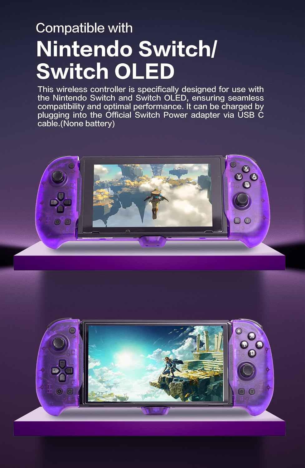 ECHZOVE Nintendo Switch OLED Controller Grip, Ergonomic Controller for Switch OLED and Switch with Gravity Induction of Six-Axis Gyroscope, Double Motor Vibration, Kickstand and Game Card Slot-Purple-1