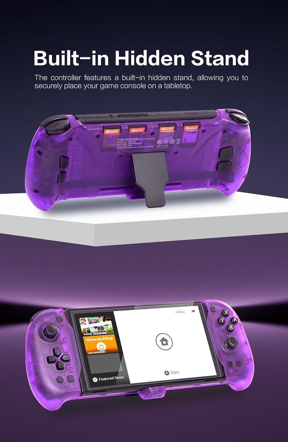 ECHZOVE Nintendo Switch OLED Controller Grip, Ergonomic Controller for Switch OLED and Switch with Gravity Induction of Six-Axis Gyroscope, Double Motor Vibration, Kickstand and Game Card Slot-Purple-2