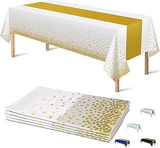 OHOME 4 Pack Disposable Plastic Table Cloths for Parties,White and Gold Rectangle Table Covers for Fall Wedding Bridal Shower Birthday | Baptism Thanksgiving Friendsgiving Party Decorations 54" x 108"