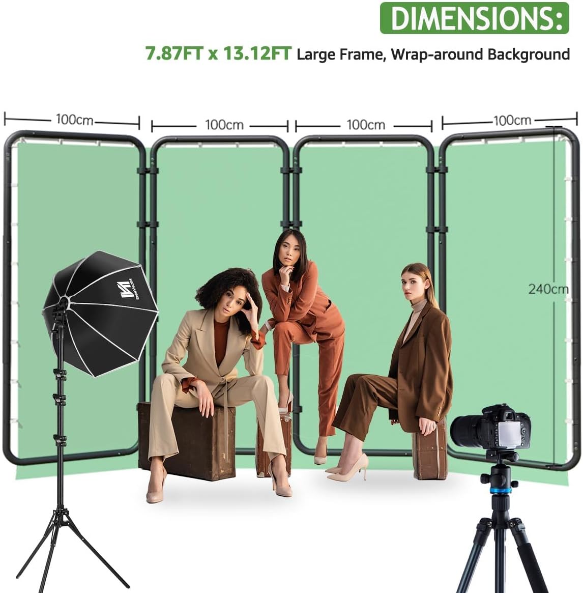 Backdrop Stand 13.12x7.87ft(WxH), NiceVeedi Photo Studio Backdrop Support System with Chromakey Green Screen Backdrop for Photo Studio Video Shooting, Live Streaming, Parties, Keying, Stage-3