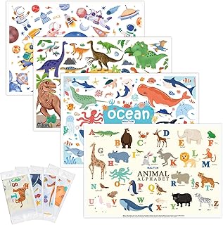 Disposable Placemats for Baby & Toddlers, Disposable Baby Placemats for Restaurants, Travel, Disposable Stick on Placemats with 4 Designs, Disposable Table Mats for Kids (Individual Package)