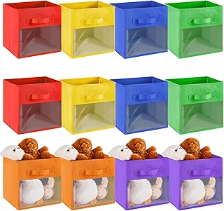 Marsui 12 Pcs Clear Storage Bins Collapsible Cube Storage Bin with Window Daycare Storage Organizer Bins Fabric Storage Bins for Kid Room Nursery Playroom(Rainbow Color,Solid)