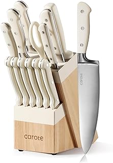 CAROTE 14 Pieces Knife Set with Block, Forged, High Carbon Stainless Steel Sharp Blade Block Knife Set, Dishwasher Safe Cutlery, Cream