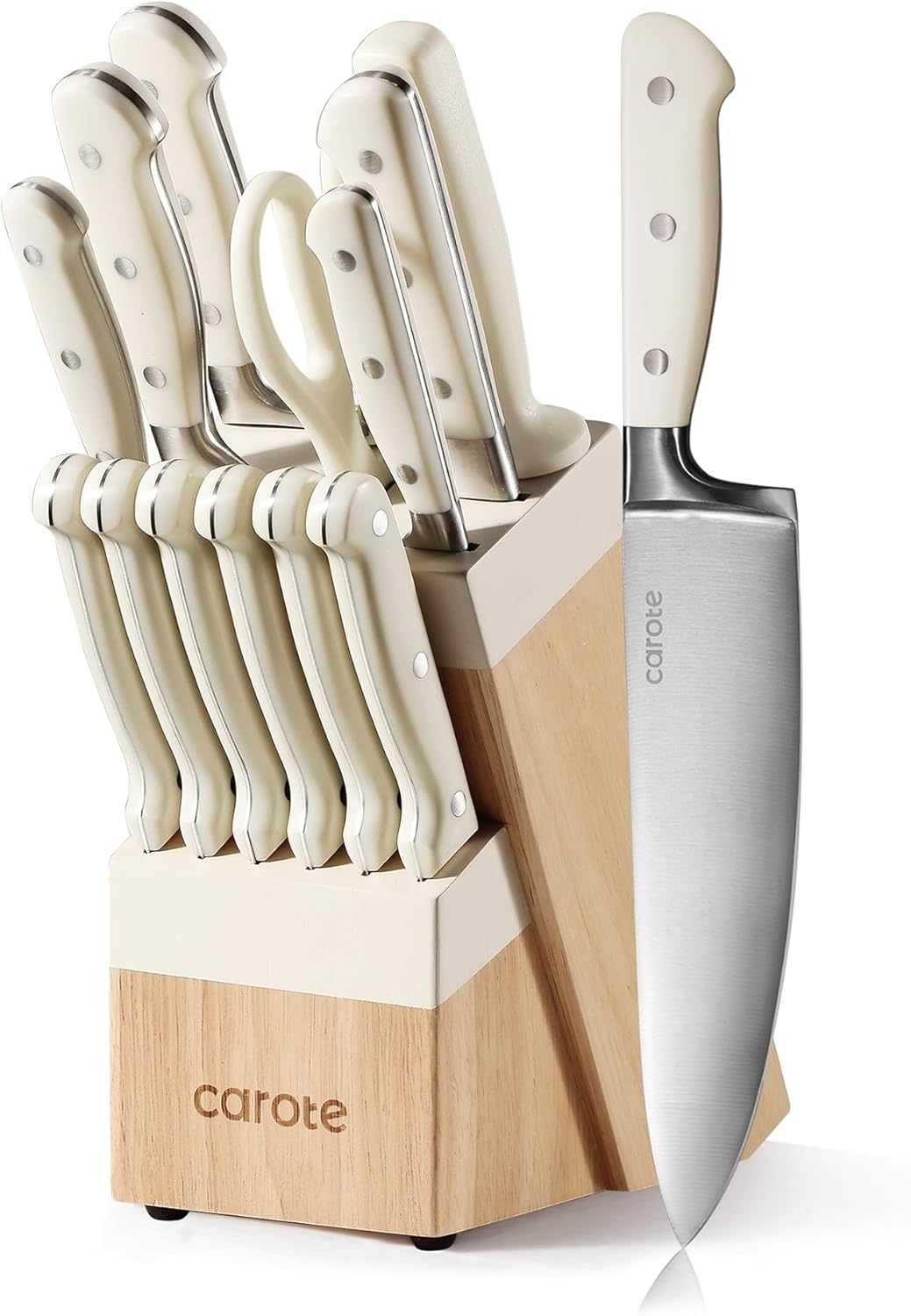 CAROTE 14 Pieces Knife Set with Block, Forged, High Carbon Stainless Steel Sharp Blade Block Knife Set, Dishwasher Safe Cutlery, Cream-0