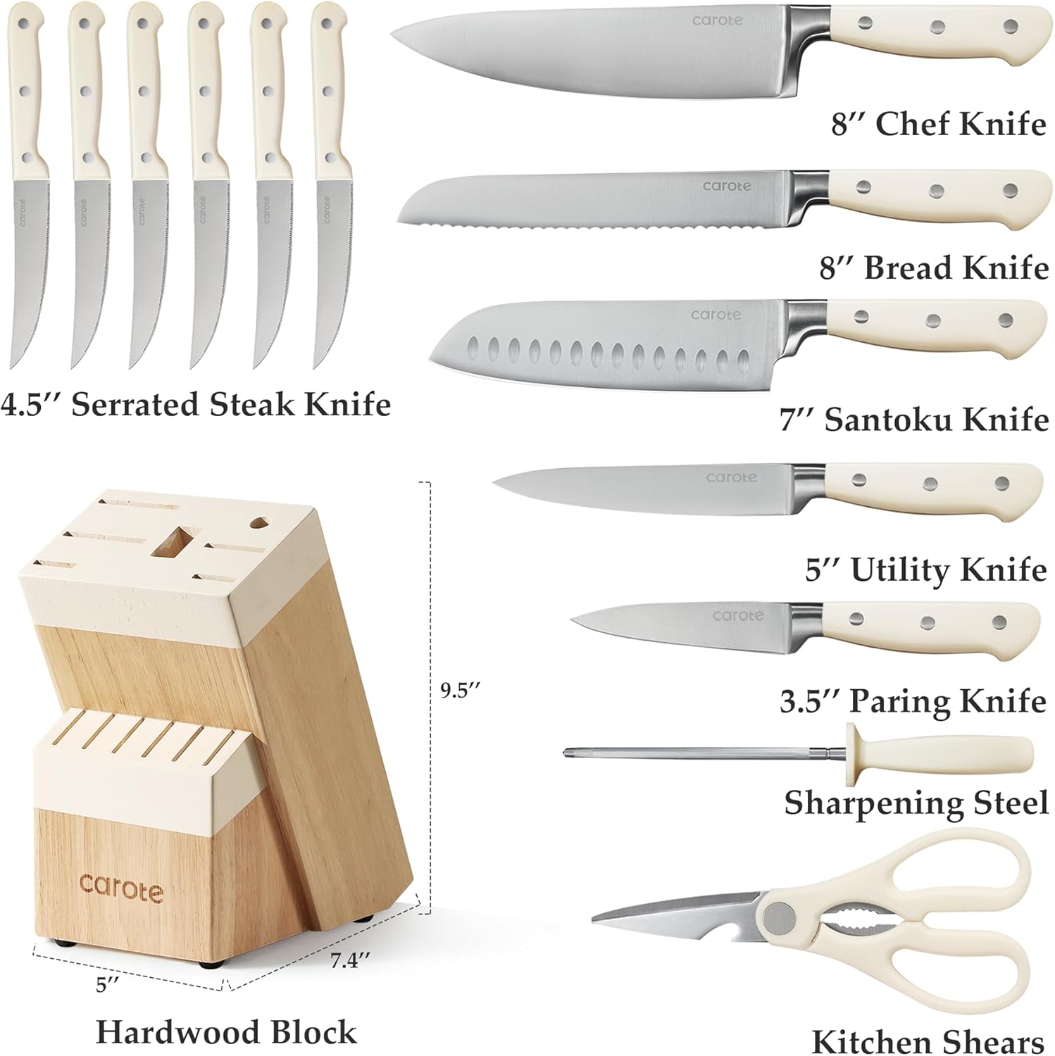 CAROTE 14 Pieces Knife Set with Block, Forged, High Carbon Stainless Steel Sharp Blade Block Knife Set, Dishwasher Safe Cutlery, Cream-1