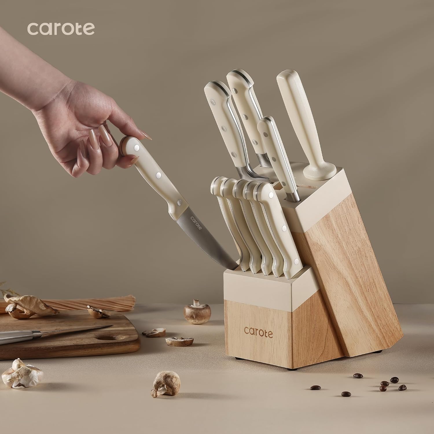 CAROTE 14 Pieces Knife Set with Block, Forged, High Carbon Stainless Steel Sharp Blade Block Knife Set, Dishwasher Safe Cutlery, Cream-5