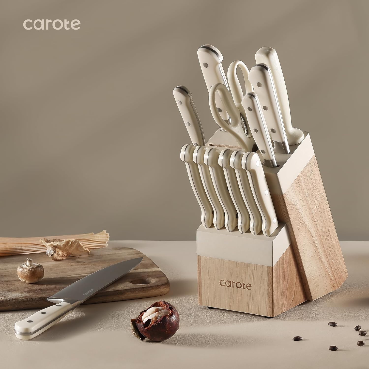 CAROTE 14 Pieces Knife Set with Block, Forged, High Carbon Stainless Steel Sharp Blade Block Knife Set, Dishwasher Safe Cutlery, Cream-8