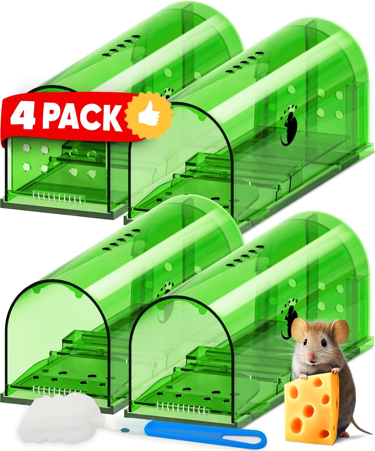 Motel Mouse Humane No Kill Live Catch and Release Mouse Traps, Reusable with Cleaning Brush - 4 Pack-0