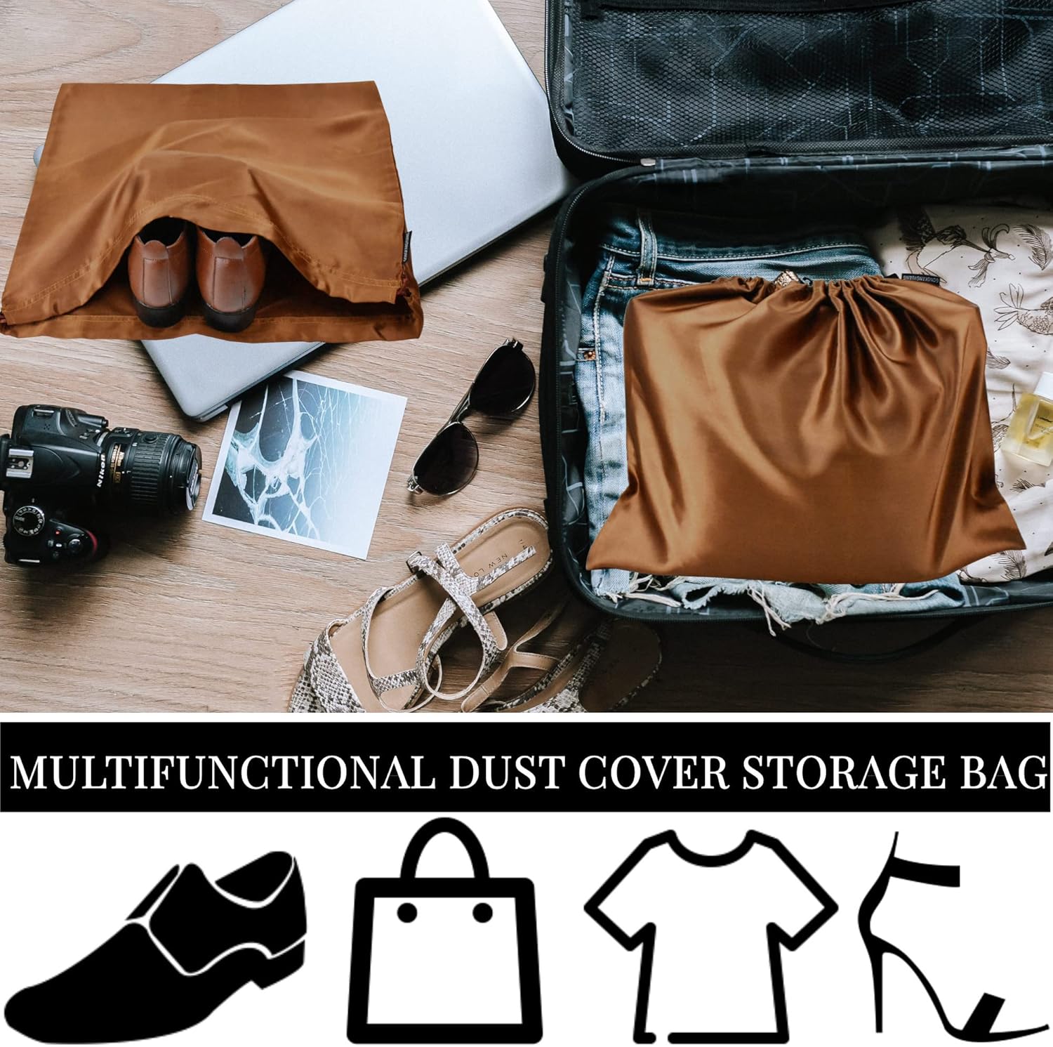 2 Pack Dust Bags for Handbags Silk Dust Cover Bag for Handbags Purses Shoes, Dustproof Drawstring Bag Travel Storage Pouch (Brown)-5