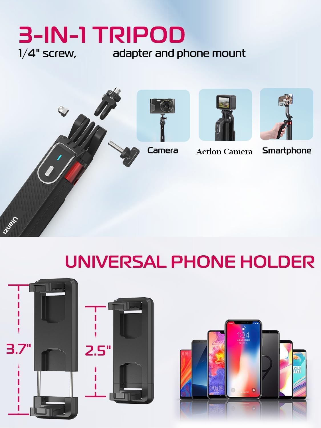 ULANZI MA09 Extendable Phone Tripod, 71" Selfie Stick Phone Vlog Tripod Stand Quadrapod with All in 1 Phone Clip, Travel Tripod Phone Holder with Rechargeable Remote for iPhone Sony Canon GoPro-1