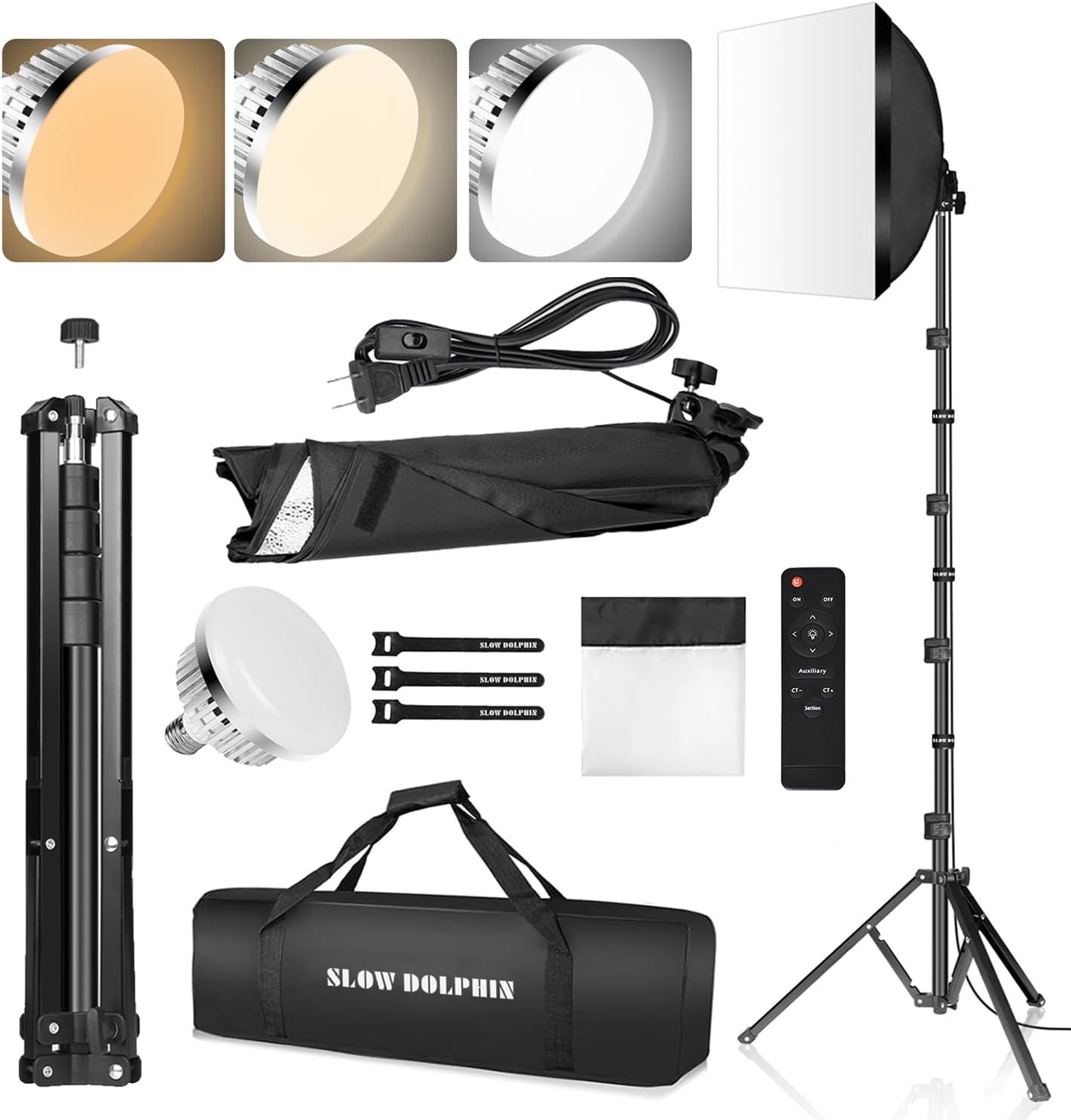 SLOW DOLPHIN Photography Studio Softbox Lighting Kit with 16"X16" Softbox and 3 Colors Temperature 85W LED Bulb with Remote,Professional Photo Studio Equipment for Portrait,Video YouTube (1PACK)-0