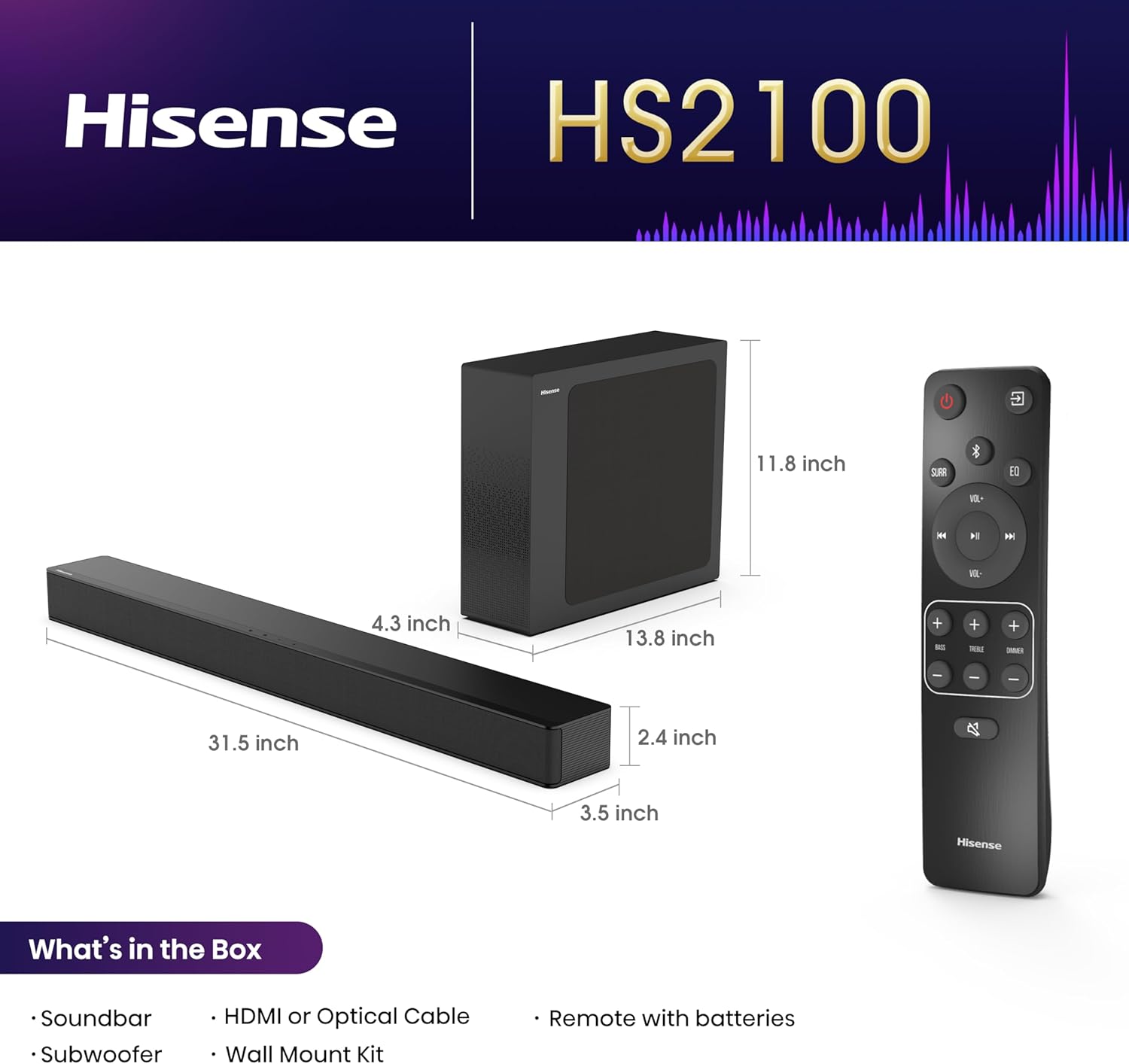 Hisense HS2100 2.1 Ch 240W Sound Bar with Wireless Subwoofer - DTS Virtual X, Dolby Audio, Ezplay, 6 EQ Modes, HDMI ARC, Bluetooth 5.3-1