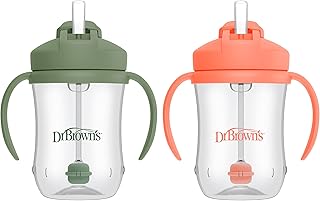 Dr. Brown's Milestones, Baby's First Straw Cup Sippy Cup with Straw, 6m+, 9oz/270ml, 2 Pack, Coral & Olive Green, BPA Free