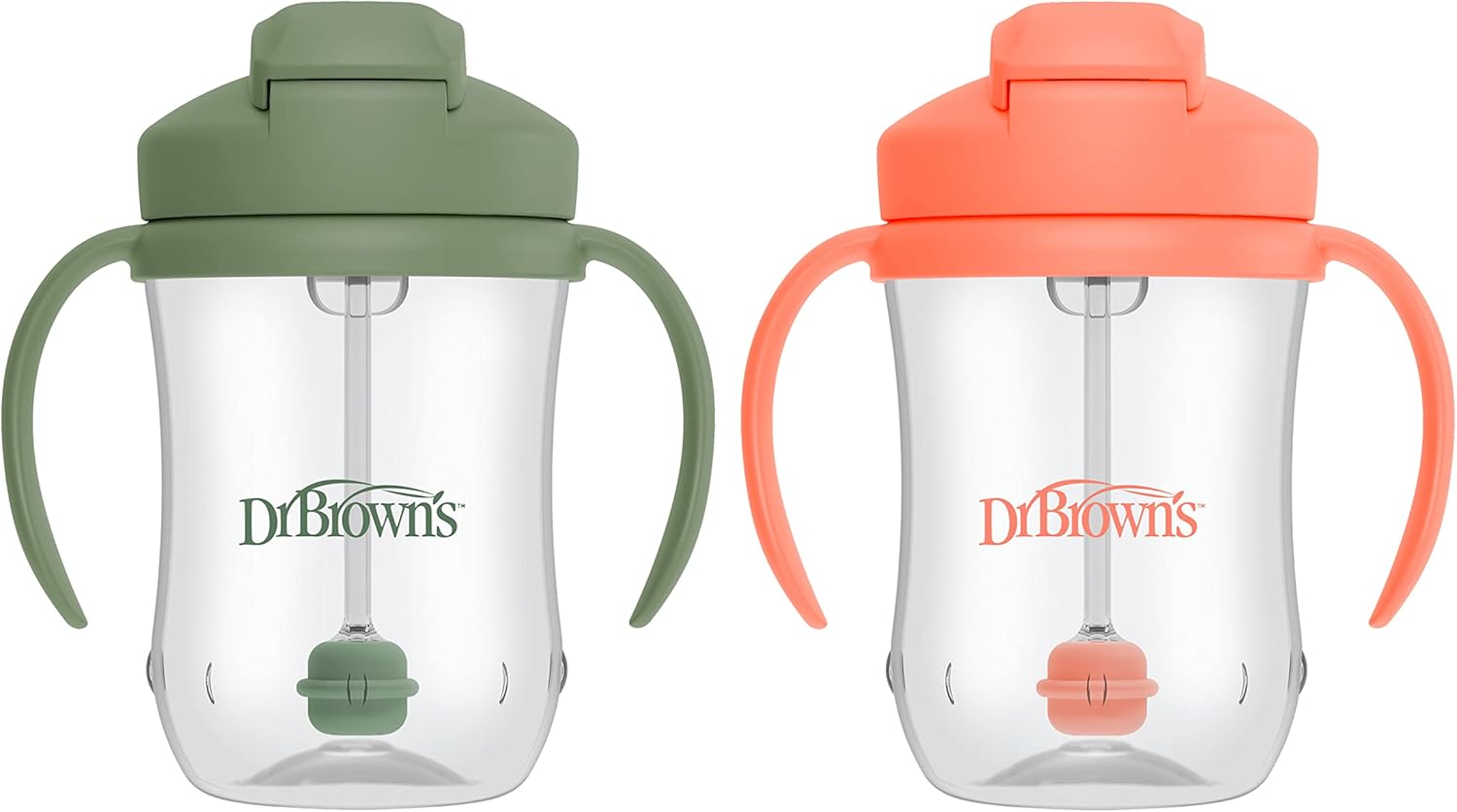 Dr. Brown's Milestones, Baby's First Straw Cup Sippy Cup with Straw, 6m+, 9oz/270ml, 2 Pack, Coral & Olive Green, BPA Free-1