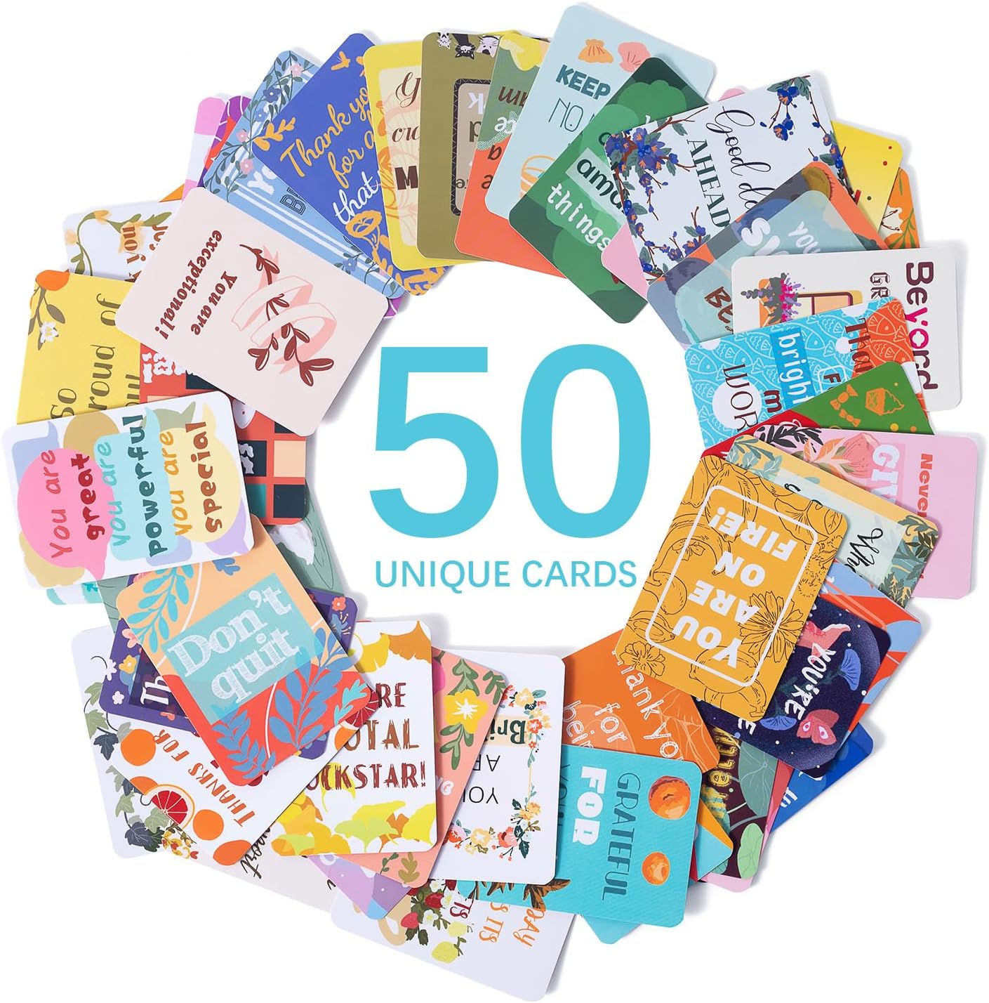 HOMANGA 50 Unique Inspirational Cards, Motivational Kindness Mini Note Cards with Encouragement Quotes, Appreciation, Gratitude, Positive Affirmations Cards for Employees, Coworkers, and Kids-0