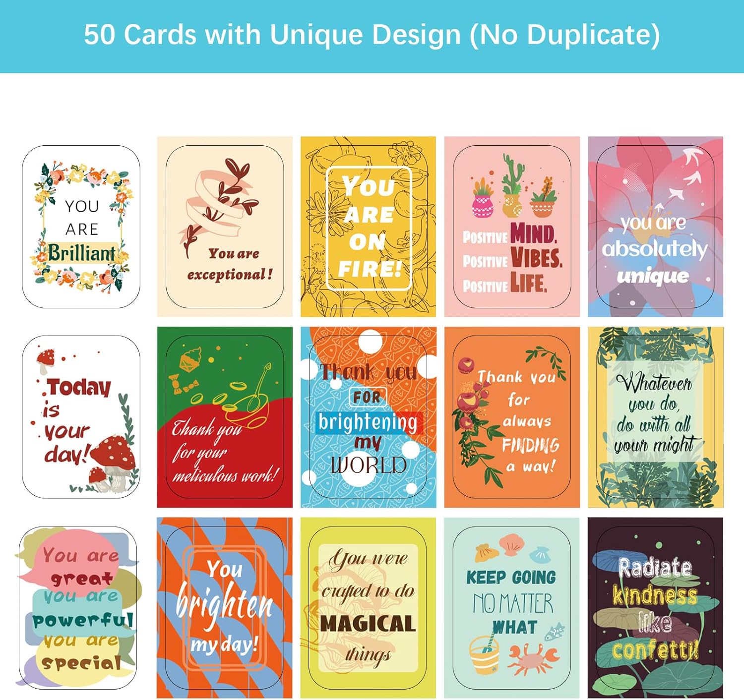 HOMANGA 50 Unique Inspirational Cards, Motivational Kindness Mini Note Cards with Encouragement Quotes, Appreciation, Gratitude, Positive Affirmations Cards for Employees, Coworkers, and Kids-2