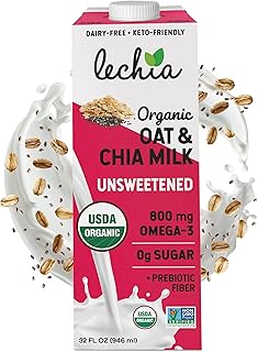 Organic Oat & Chia Milk, Zero Sugar, Oat Milk, with 800mg OMEGA-3 and Prebiotic Fiber, Vegan, Dairy Free, Gluten Free, Plant Based, Lactose Free, Non-GMO, Shelf-Stable, Low Carb, Keto, Soy Free, Kosher, Lechia, 32oz (6 Pack)