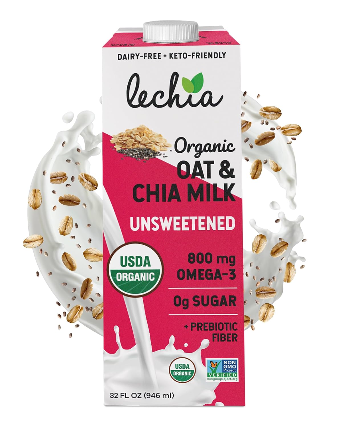 Organic Oat & Chia Milk, Zero Sugar, Oat Milk, with 800mg OMEGA-3 and Prebiotic Fiber, Vegan, Dairy Free, Gluten Free, Plant Based, Lactose Free, Non-GMO, Shelf-Stable, Low Carb, Keto, Soy Free, Kosher, Lechia, 32oz (6 Pack)-0