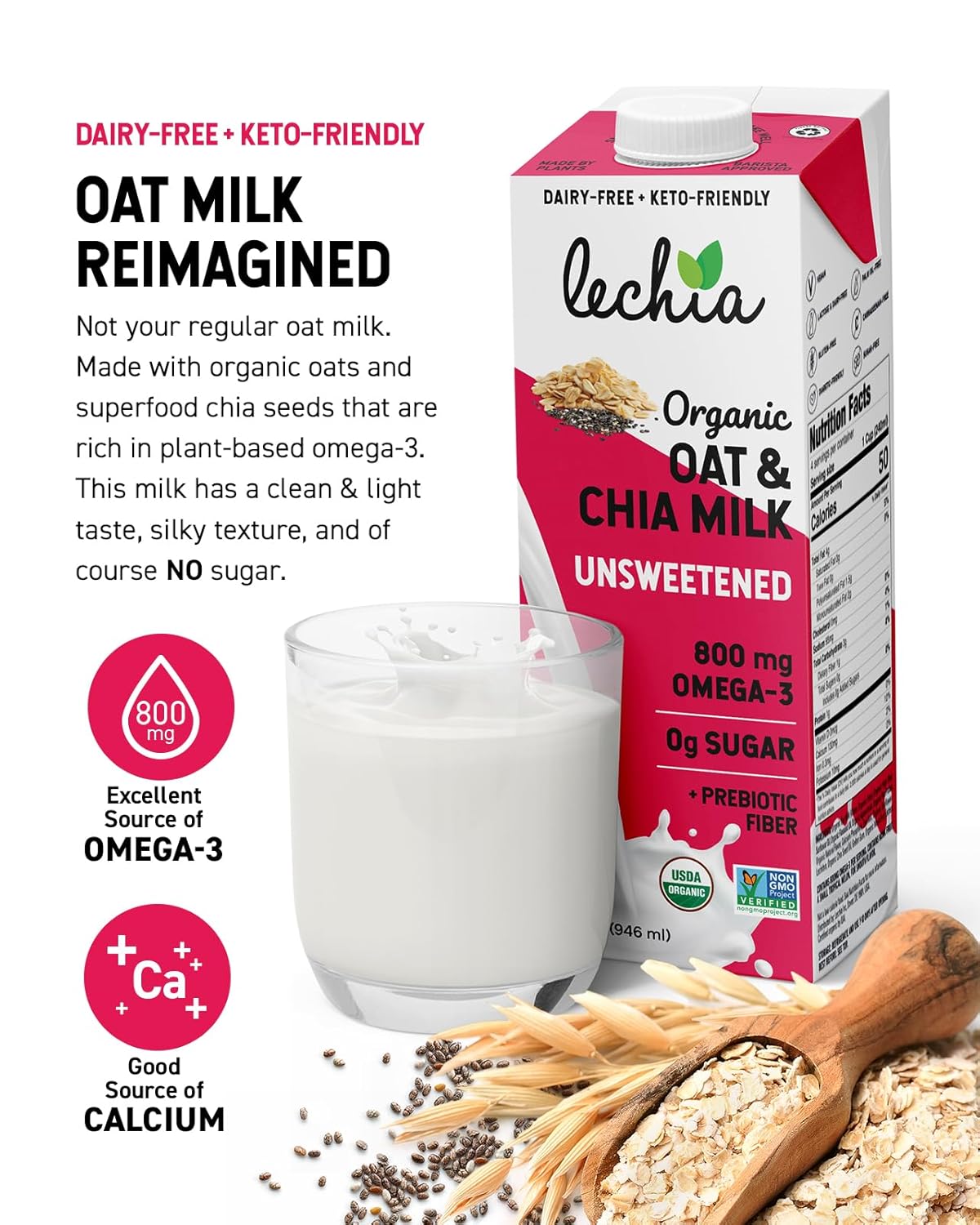 Organic Oat & Chia Milk, Zero Sugar, Oat Milk, with 800mg OMEGA-3 and Prebiotic Fiber, Vegan, Dairy Free, Gluten Free, Plant Based, Lactose Free, Non-GMO, Shelf-Stable, Low Carb, Keto, Soy Free, Kosher, Lechia, 32oz (6 Pack)-1