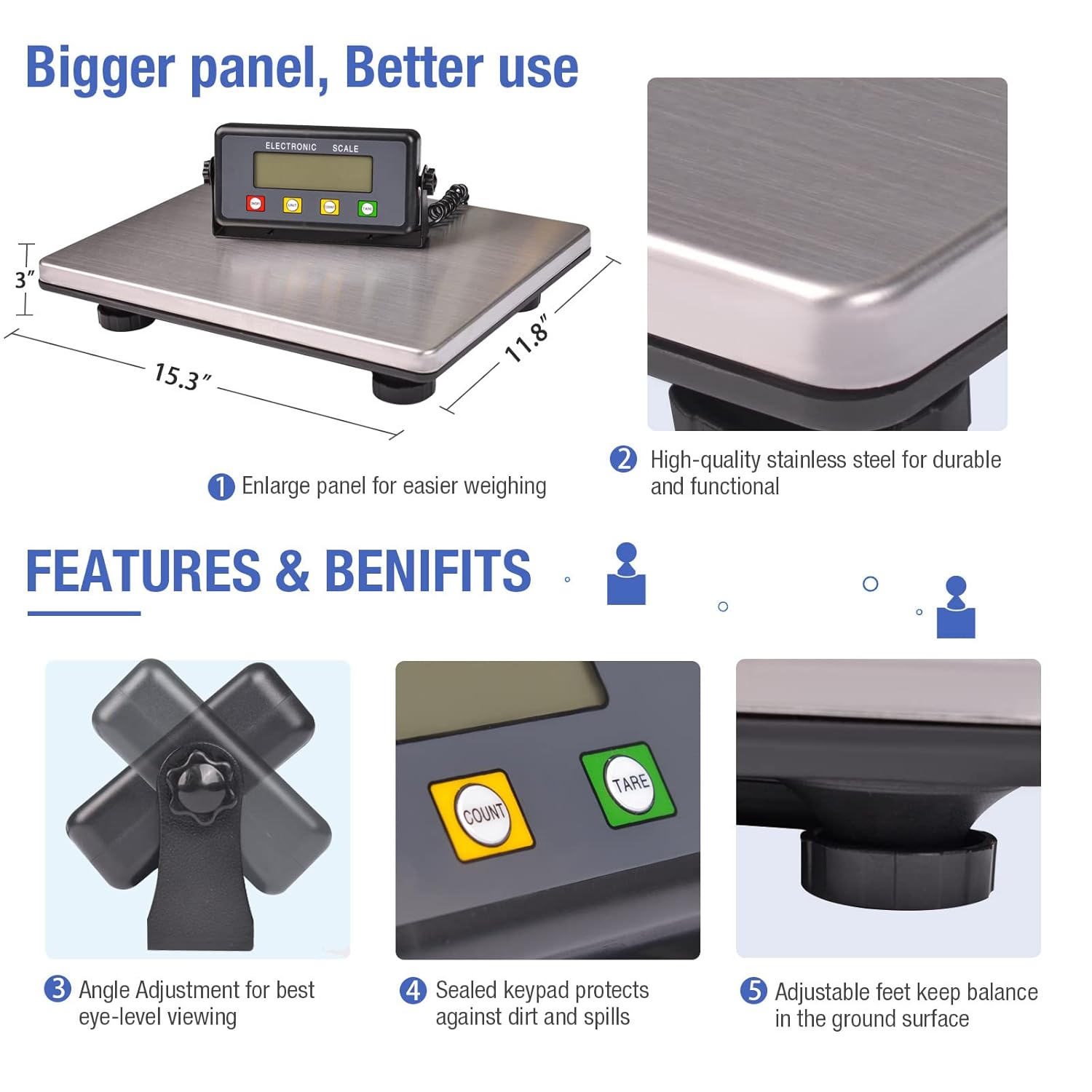 SurmountWay 440lbs Heavy Duty Shipping Scale, 15.3 * 11.8inch Large Platform Postal Scale with Tare/Count/LCD Display, Digital Industry Scale for Weighing/Luggage/Floor/Package/Shipping/Mailing-4