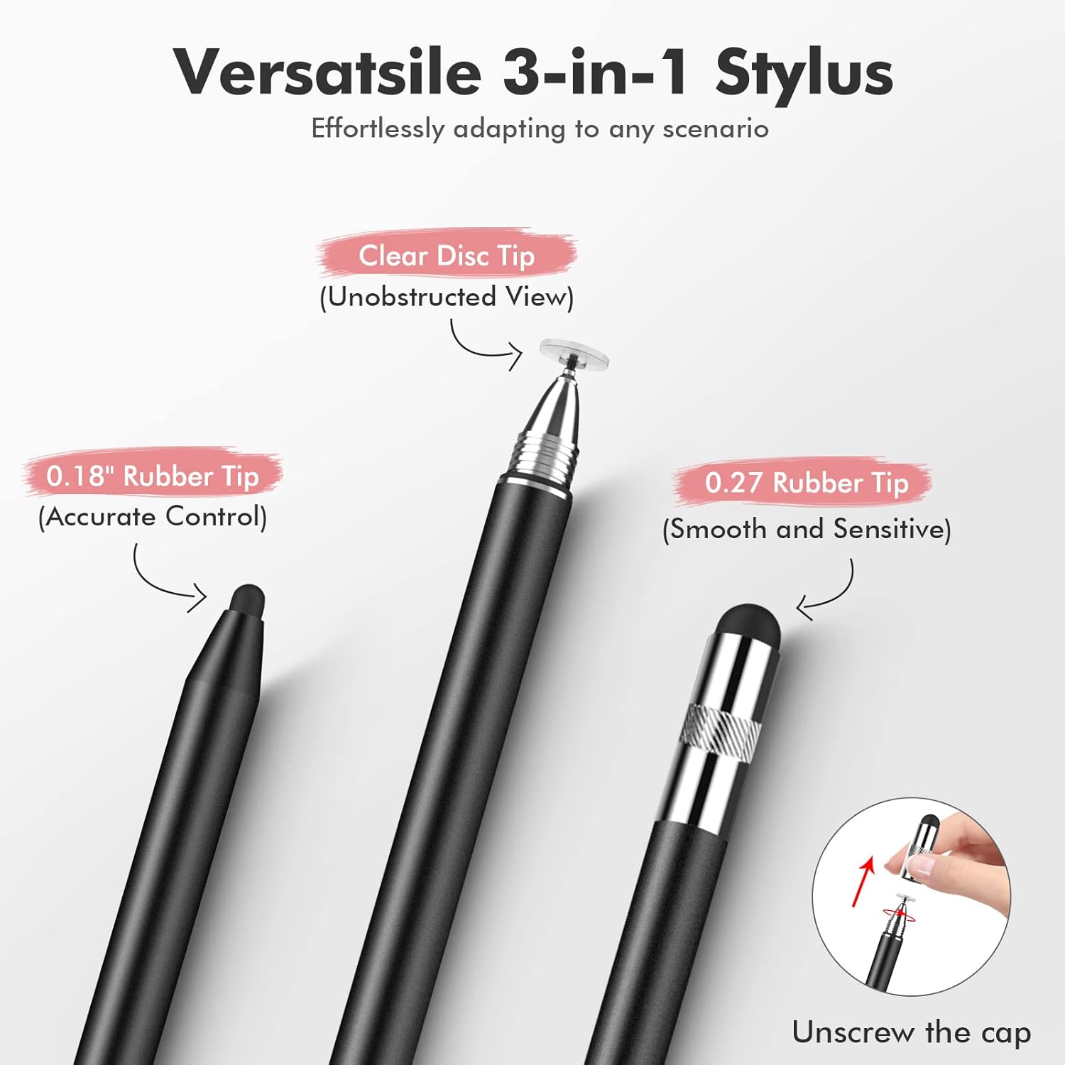 MEKO 3 in 1 Stylus Pens for Touch Screens, High Sensitivity & Precision Capacitive Stylus for Apple iPad iPhone Tablets Samsung Galaxy All Universal Touchscreen Devices (2 Pack-Black/Rose Gold)-1