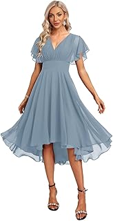 TIRAS Women's Short Bridesmaid Dresses Flutter Sleeves Ruched Chiffon V Neck Formal Dress with Pockets