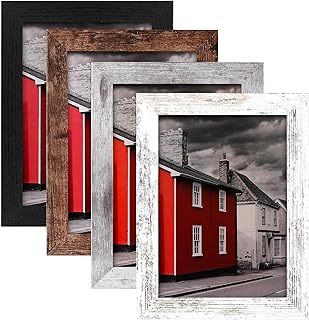 LANDNEOO 5x7 Picture Frame Set of 4, Wood Farmhouse Style Frames, Display Pictures 5x7 with Mat or 4x6 Without Mat for Wall Mounting or Table Top Display, Multicolour